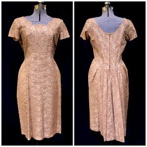VTG 50s 60s Normal Original Sable Lace & Taffeta Party Prom Dress S/M Beading